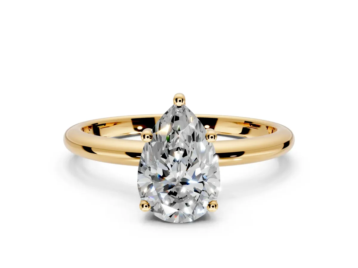 Hidden Halo Engagement Ring Setting for Pear-Shaped Center with Thin Round-Wire Band and Prong Head in Yellow Gold