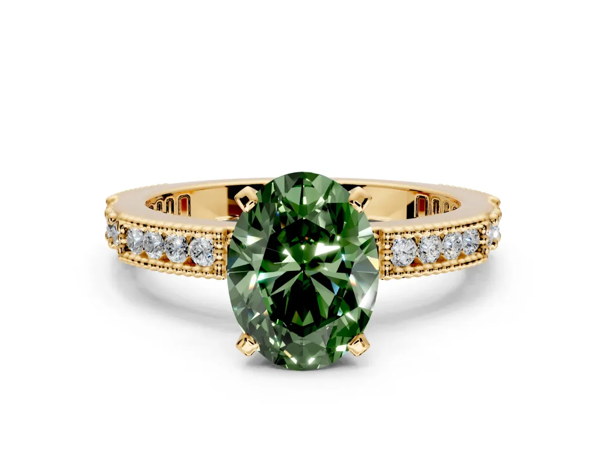 Solitaire Engagement Ring Setting for Fancy Green Oval Center with Milgrain-Edged Pave Band and Prong Head in Yellow Gold