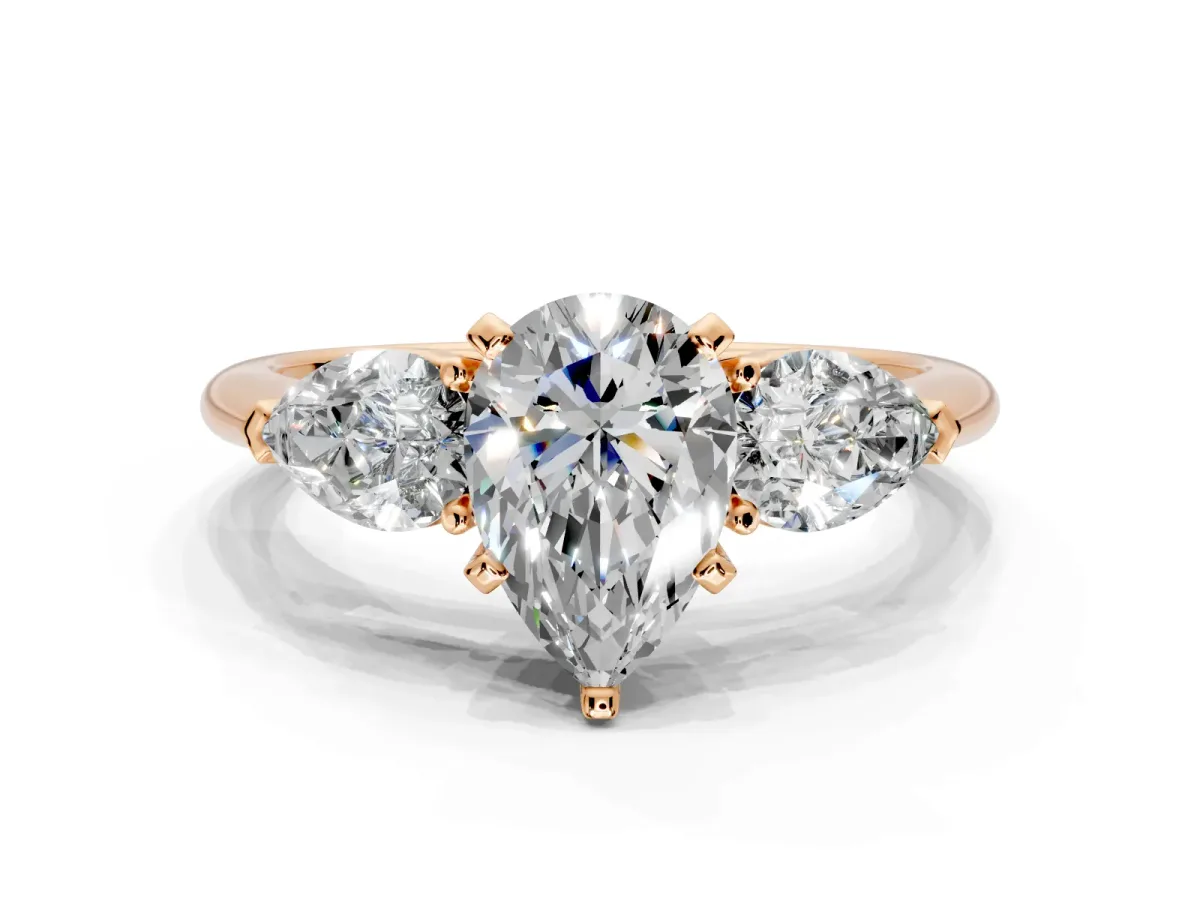3 Stone Engagement Ring Setting for Pear-Shaped Center with Large Pear-Shaped Accents and Prong Head in Rose Gold