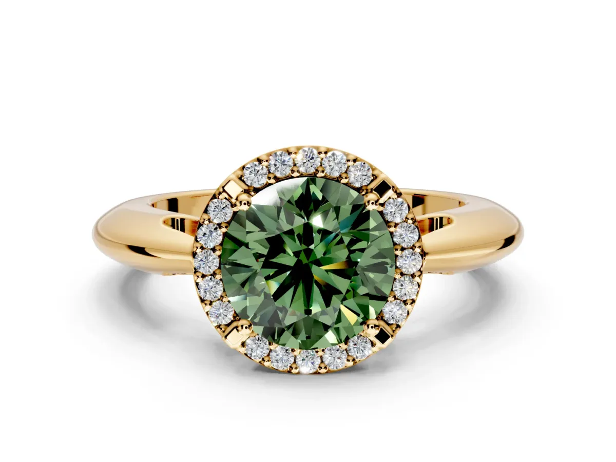 Halo Engagement Ring Setting for Fancy Green Round Cut Center with Tapered Plain Band and Prong Head in Yellow Gold