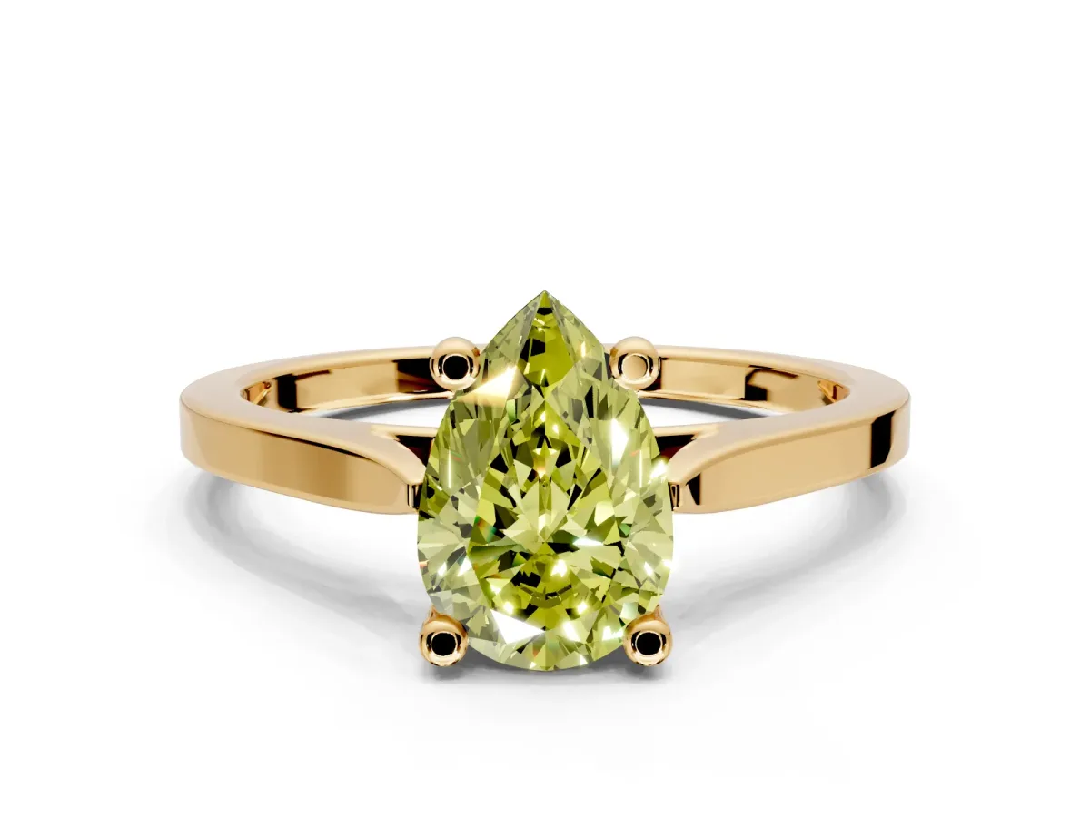 Solitaire Engagement Ring Setting for Fancy Yellow Pear-Shaped Center with Tapered Shoulders and Prong Head in Yellow Gold