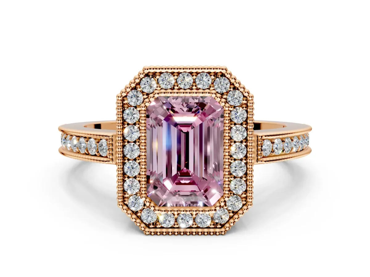 Halo Engagement Ring Setting for Fancy Pink Emerald Cut Center with Milgrain Halo, Pave Band and Prong Head in Rose Gold