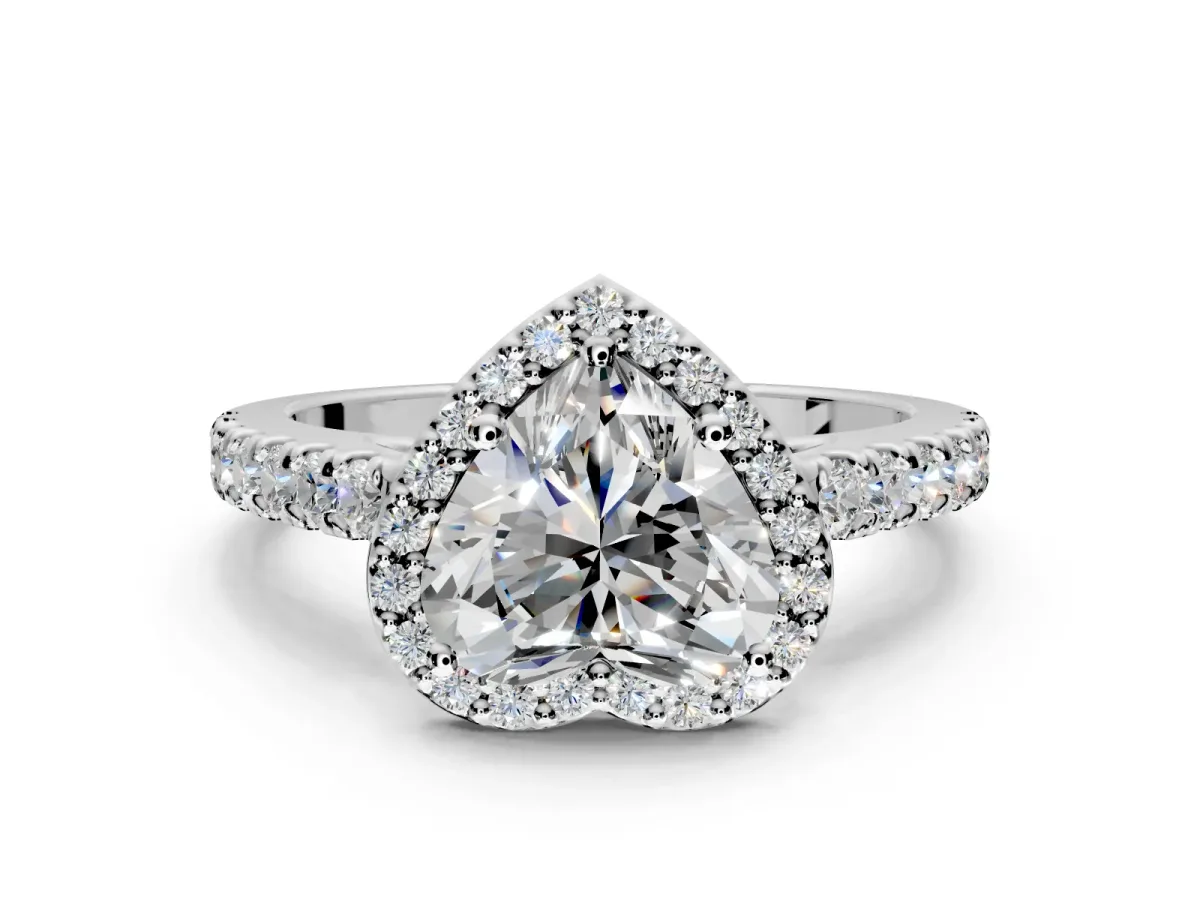 Halo Engagement Ring Setting for Heart-Shaped Center with Full Pave Band and Prong Head in White Gold