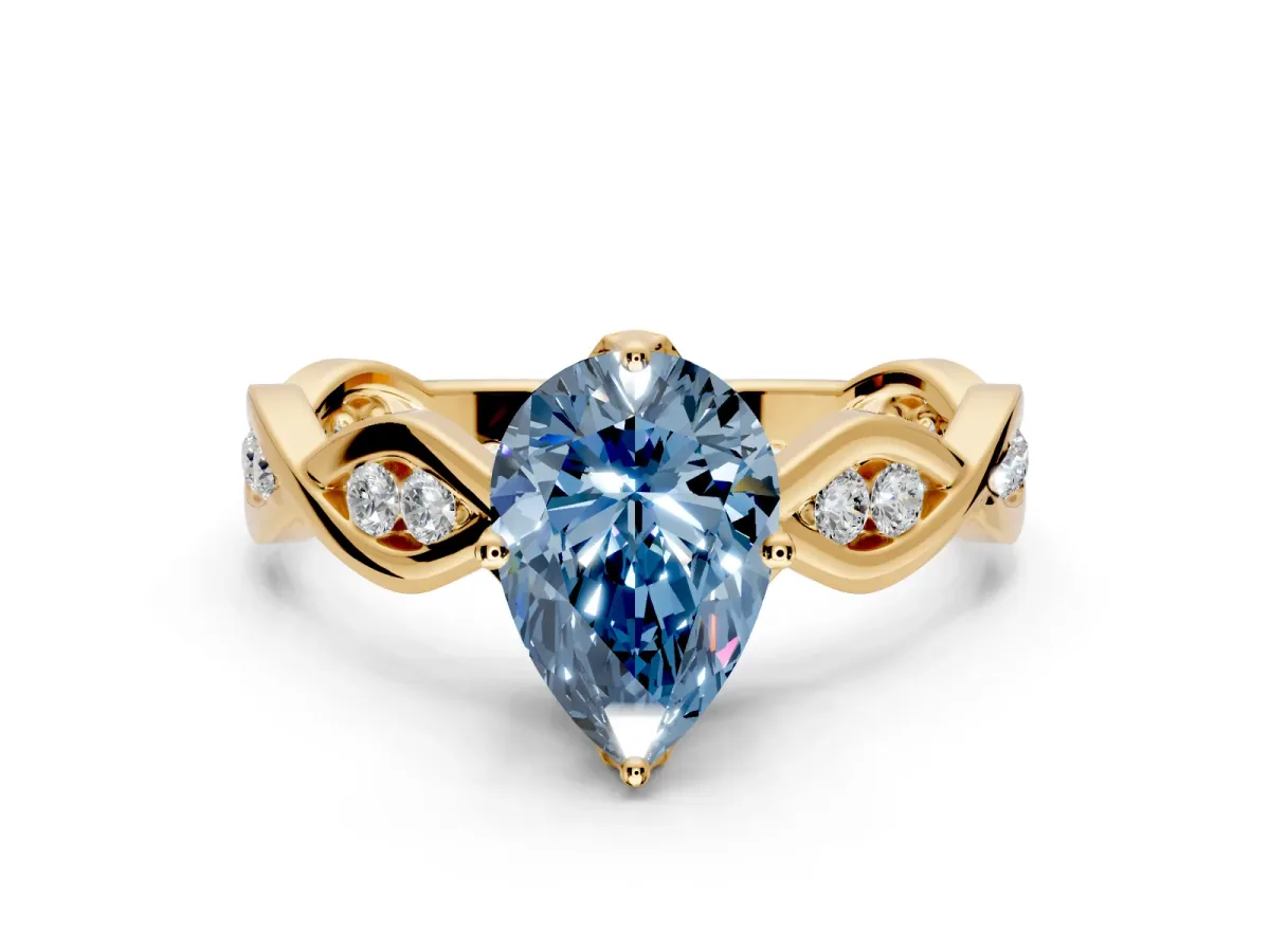 Solitaire Engagement Ring Setting for Fancy Blue Pear-Shaped Center with Accented Twist Band and Leaf Prong Head in Yellow Gold