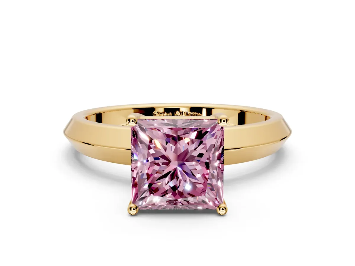 Solitaire Engagement Ring Setting for Fancy Pink Princess Cut Center with Wide Knife Ridge Band and Prong Head in Yellow Gold