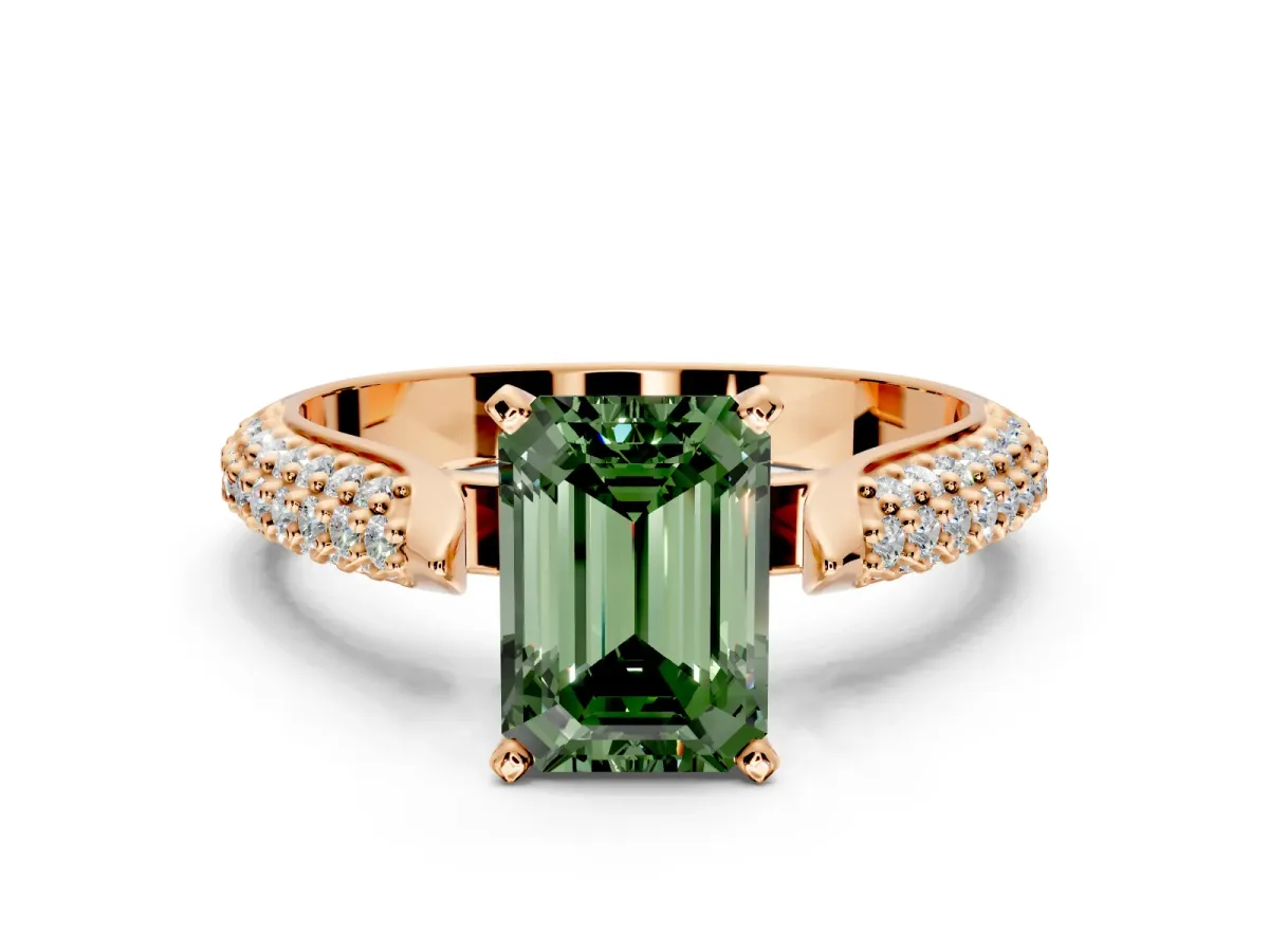 Solitaire Engagement Ring Setting for Fancy Green Emerald Cut Center with Multi-Row Accents and Prong Head in Rose Gold