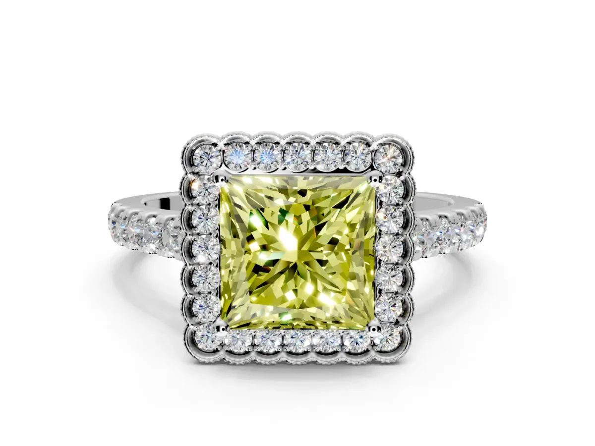 Milgrain Floral Halo Engagement Ring Setting for Fancy Yellow Princess Cut Center with Pave Band and Prong Head in White Gold