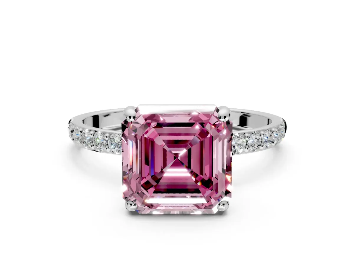 Solitaire Engagement Ring Setting for Fancy Pink Asscher Cut Center with Pave Accents and Prong Head in Platinum