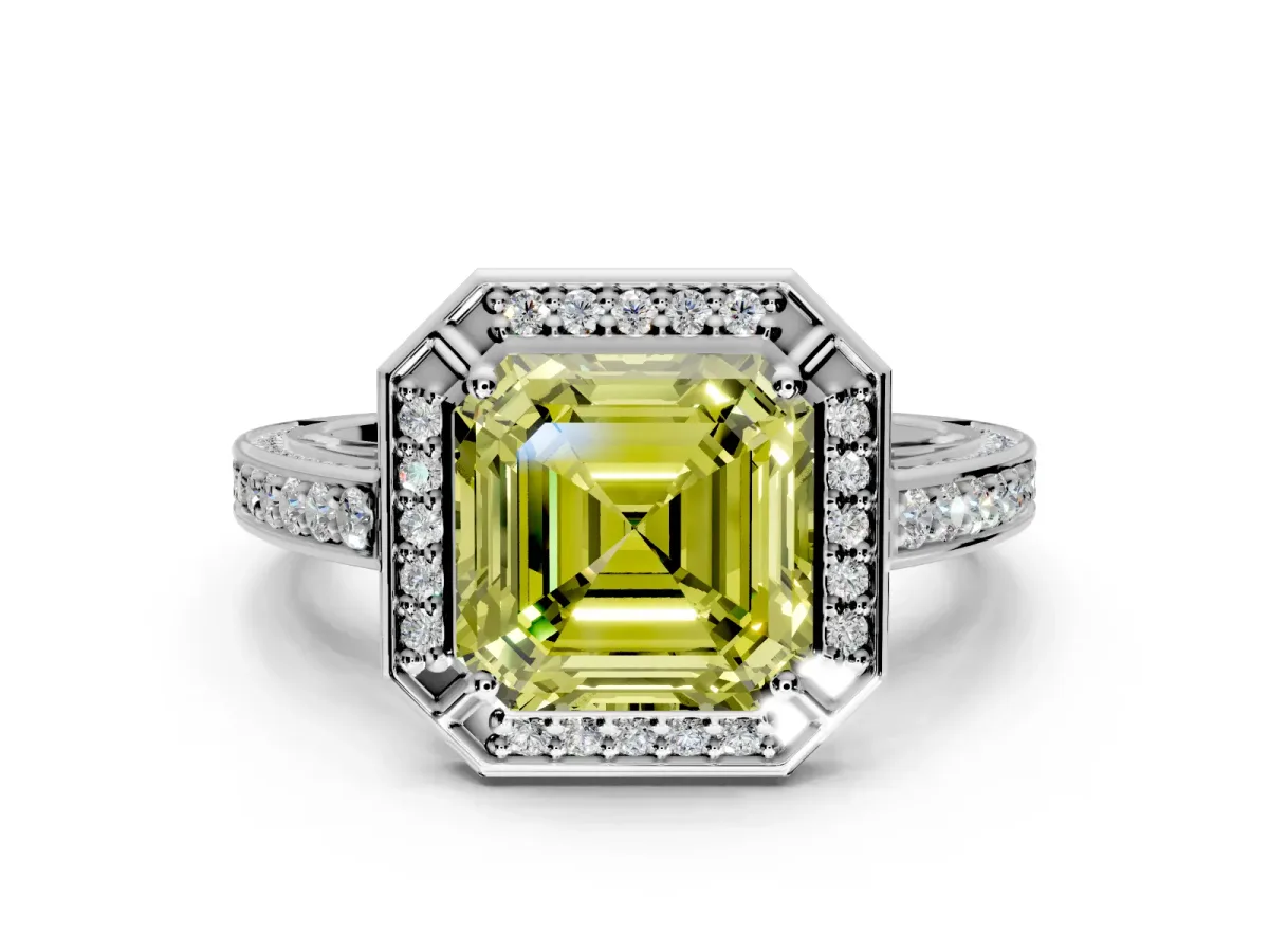 Halo Engagement Ring Setting for Fancy Yellow Asscher Cut Center with Framed Halo, Pave Band and Prong Head in White Gold