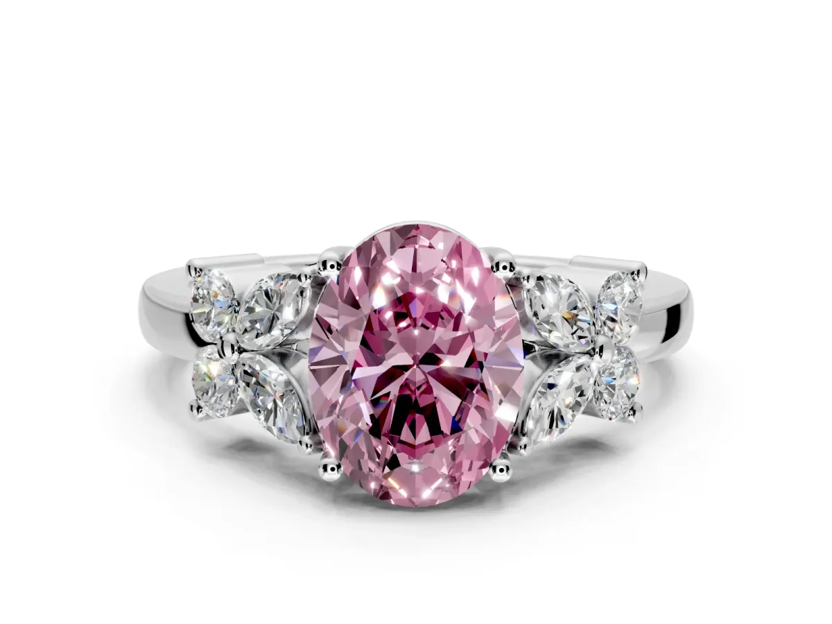 Floral Engagement Ring Setting for Fancy Pink Oval Center with Marquise Cluster Shoulders and Prong Head in Sterling Silver