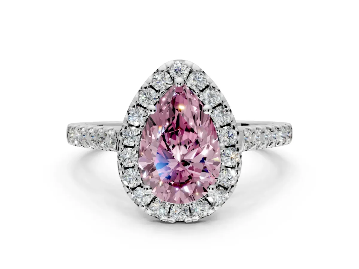 Halo Engagement Ring Setting for Fancy Pink Pear-Shaped Center with Narrowing Pave Band and Prong Head in Platinum
