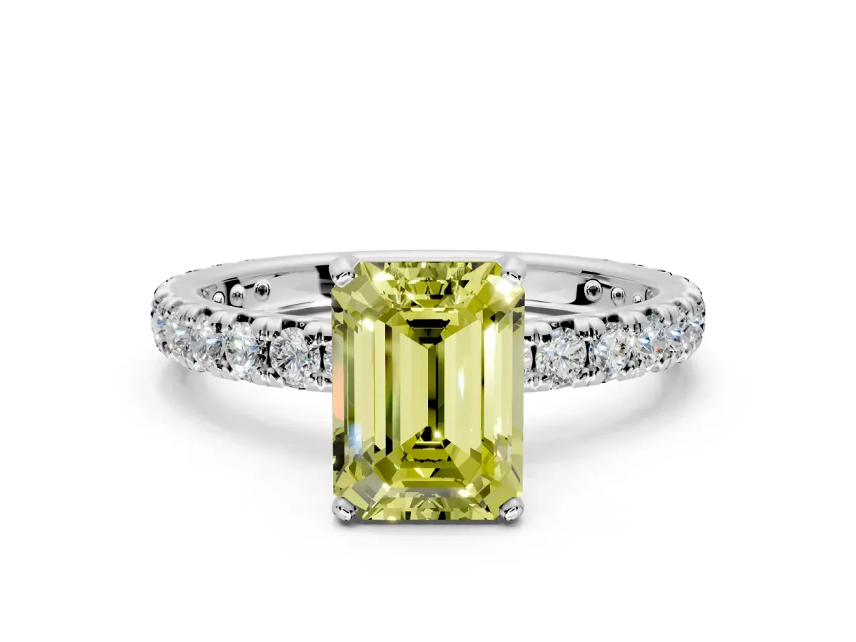 Solitaire Engagement Ring Setting for Fancy Yellow Emerald Cut Center with Shared-Prong Accents and Prong Head in Platinum