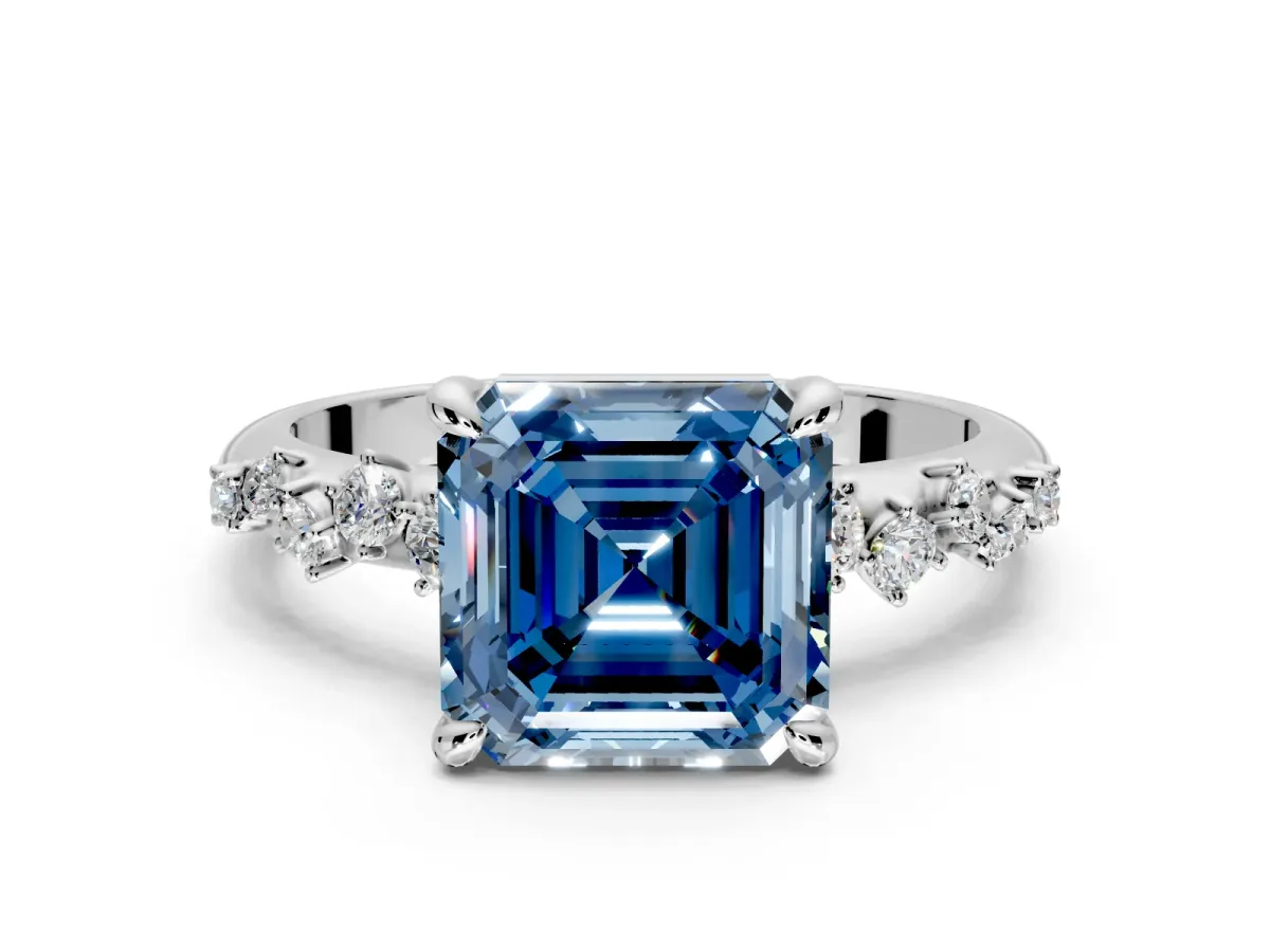 Solitaire Engagement Ring Setting for Fancy Blue Asscher Cut Center with Trailing Leaf Accent Band and Prong Head in Sterling Silver