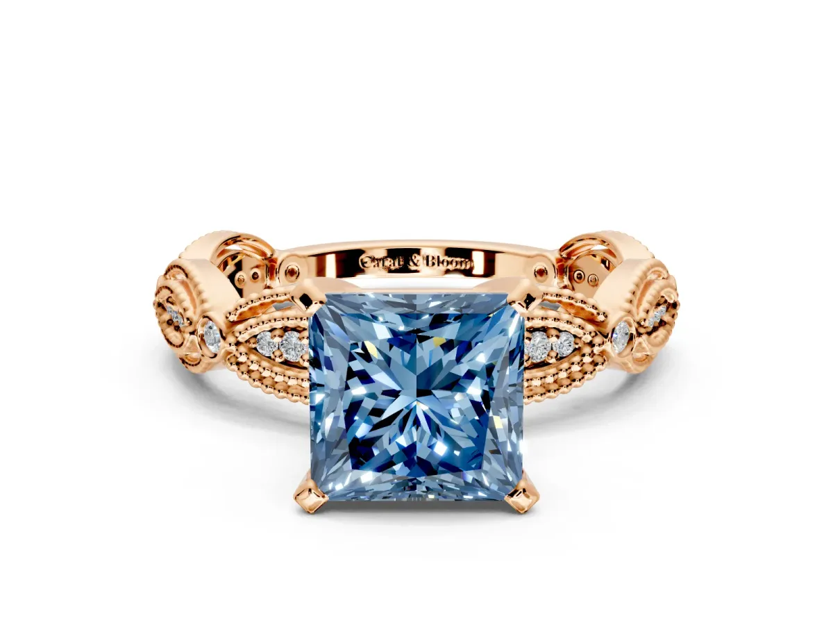 Solitaire Engagement Ring Setting for Fancy Blue Princess Cut Center with Marquise Panel Band and Prong Head in Rose Gold