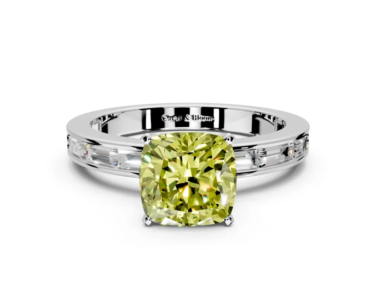 Solitaire Engagement Ring Setting for Fancy Yellow Cushion Cut Center with Channel Baguette Band and Prong Head in Platinum