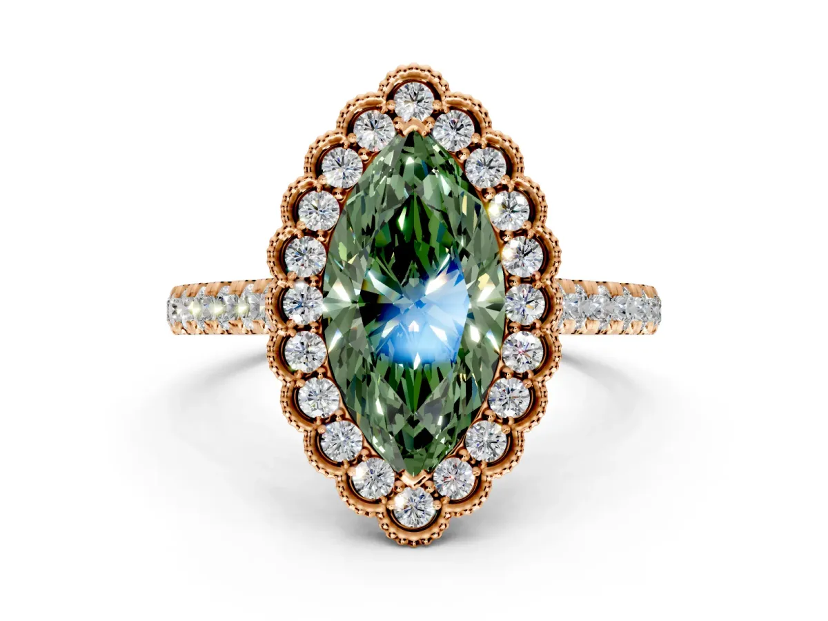 Milgrain Floral Halo Engagement Ring Setting for Fancy Green Marquise Center with Pave Band and Prong Head in Rose Gold