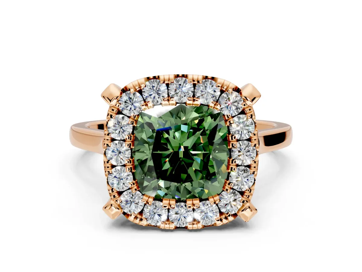 Single Halo Engagement Ring Setting for Fancy Green Cushion Cut Center with Corner Claws, Plain Band and Prong Head in Rose Gold