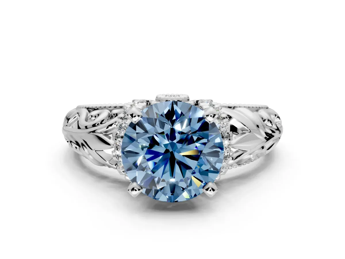 Solitaire Engagement Ring Setting for Fancy Blue Round Cut Center with Filigree Accent Basket and Prong Head in Platinum