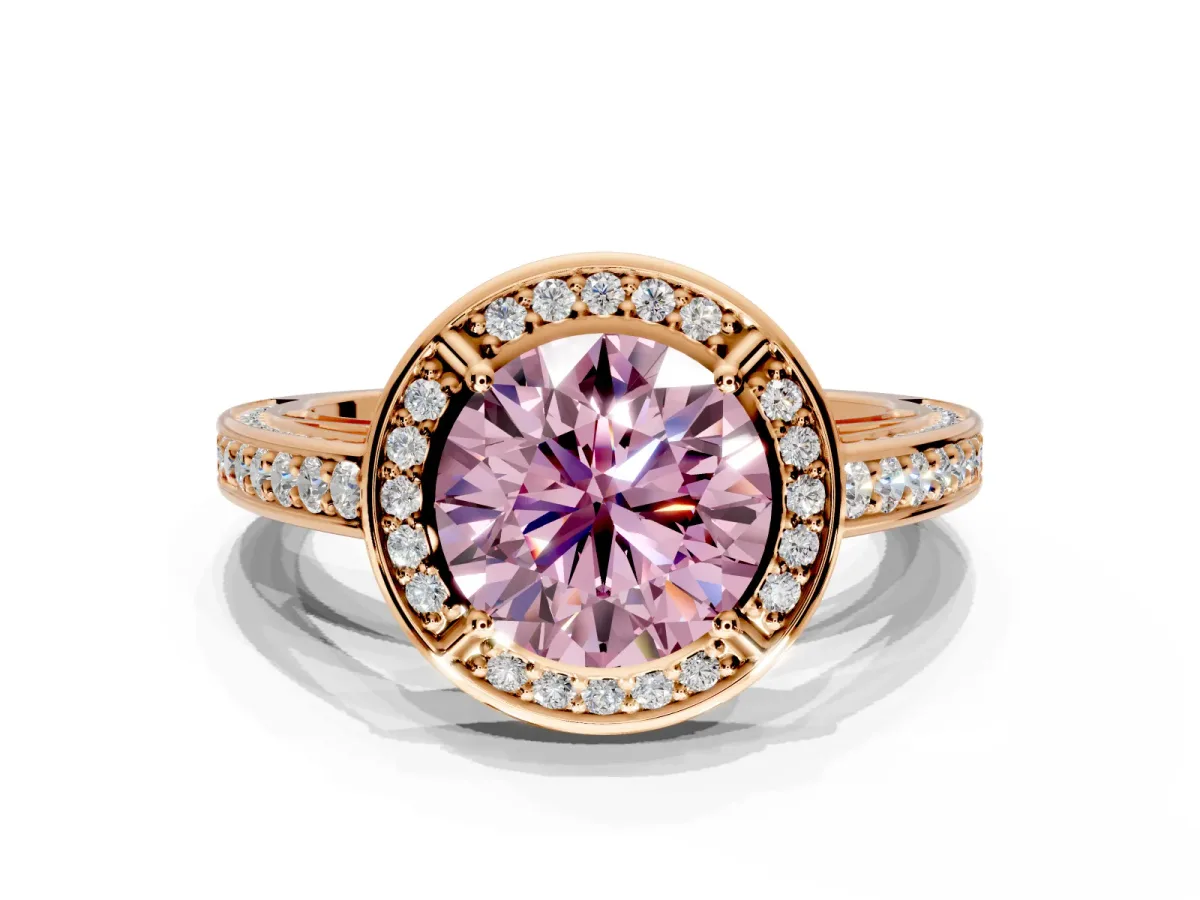 Halo Engagement Ring Setting for Fancy Pink Round Cut Center with Framed Halo, Pave Band and Prong Head in Rose Gold
