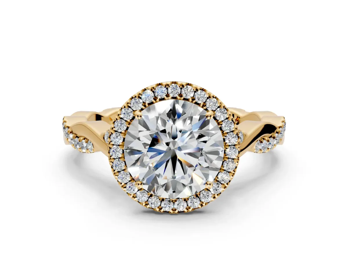 Halo Engagement Ring Setting for Round Cut Center with Twist Band and Prong Head in Yellow Gold