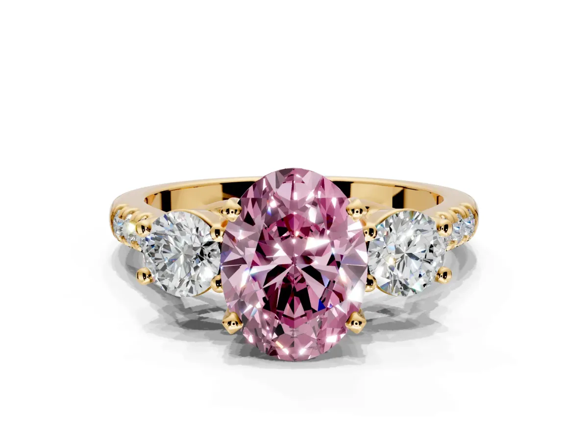 3 Stone Engagement Ring Setting for Fancy Pink Oval Center with Crossover Basket, Pave Band and Prong Head in Yellow Gold