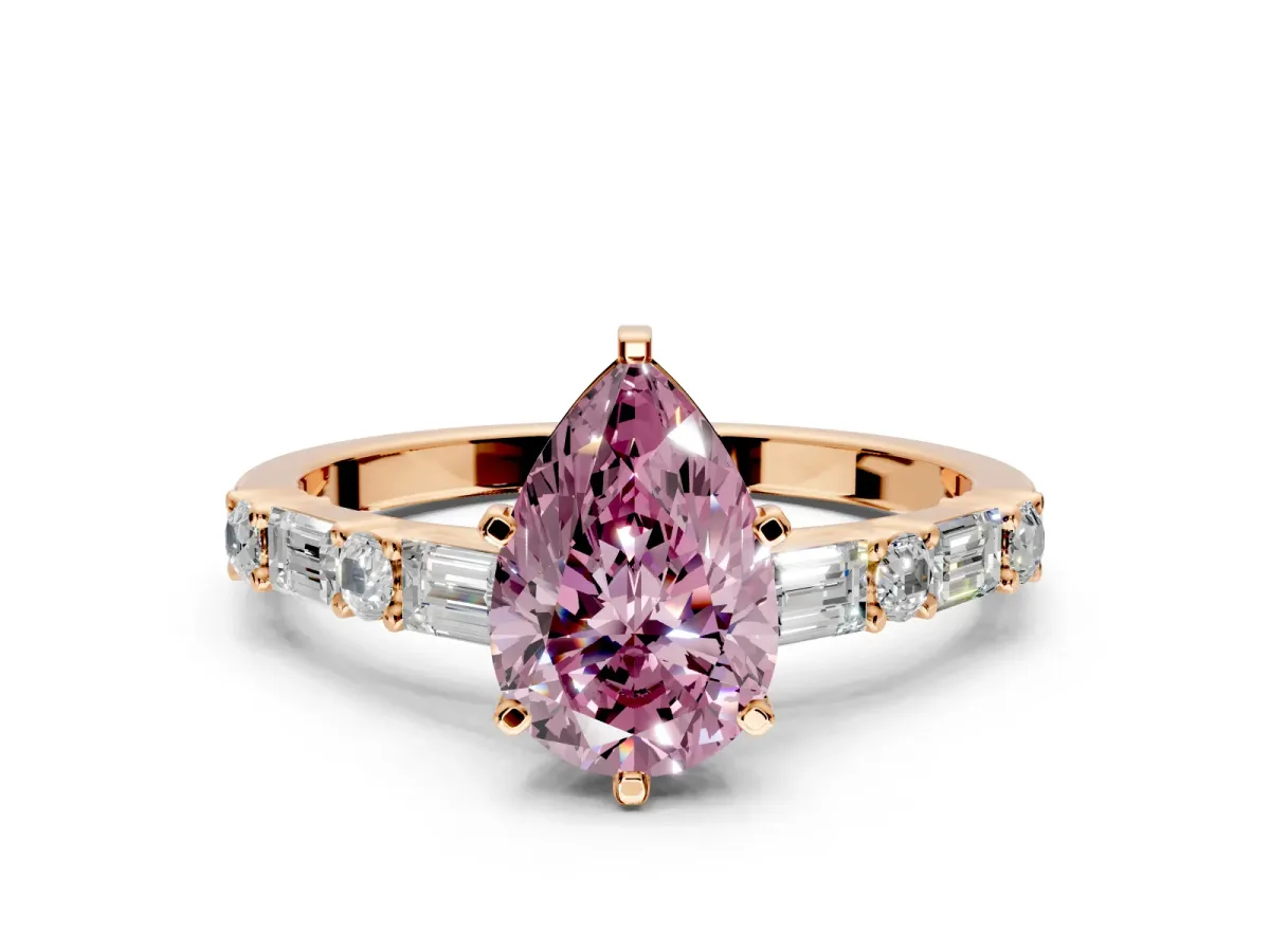 Baguette Engagement Ring Setting for Fancy Pink Pear-Shaped Center with Alternating Bar-Set Band and Prong Head in Rose Gold