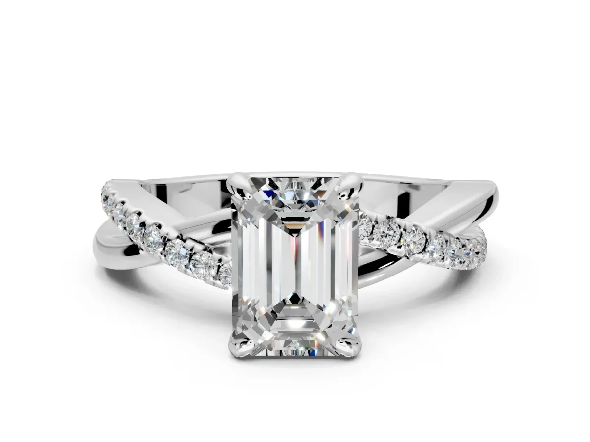 Solitaire Engagement Ring Setting for Emerald Cut Center with Half-Pave Crossover Band and Prong Head in Sterling Silver