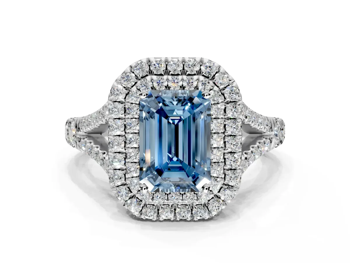 Double Halo Engagement Ring Setting for Fancy Blue Emerald Cut Center with Narrow Pave Split Shank and Prong Head in Platinum