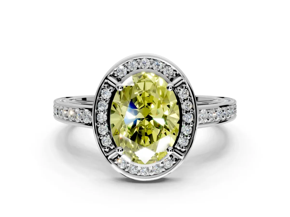 Halo Engagement Ring Setting for Fancy Yellow Oval Center with Framed Halo, Pave Band and Prong Head in Sterling Silver