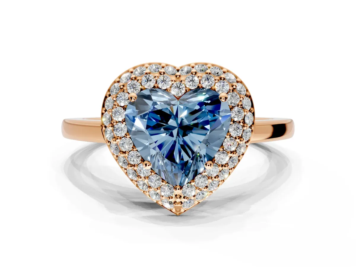 Halo Engagement Ring Setting for Fancy Blue Heart-Shaped Center with Plain Tapered Band and Prong Head in Rose Gold