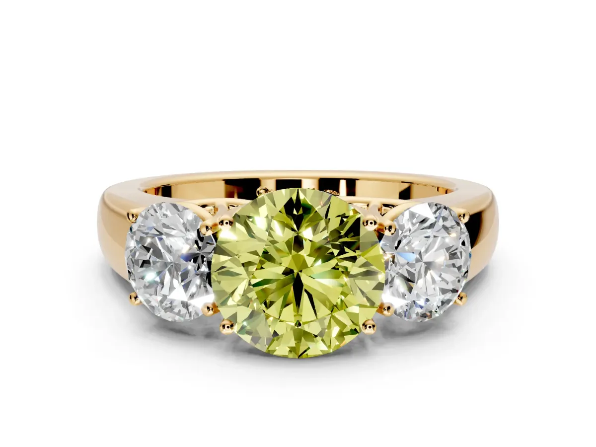 3 Stone Engagement Ring Setting for Fancy Yellow Round Cut Center with Raised Basket Heads and Prong Head in Yellow Gold