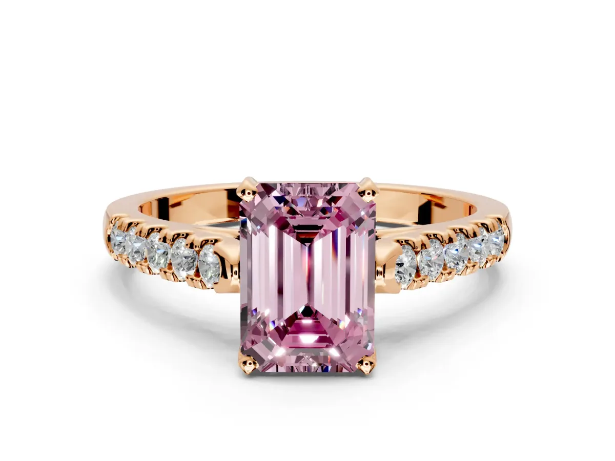 Solitaire Engagement Ring Setting for Fancy Pink Emerald Cut Center with Partway Pave Band and Prong Head in Rose Gold