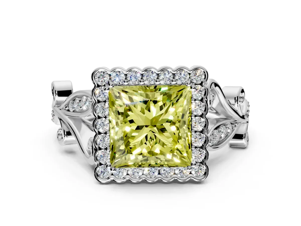 Halo Engagement Ring Setting for Fancy Yellow Princess Cut Center with Leaf Motif Split Shank and Prong Head in Sterling Silver