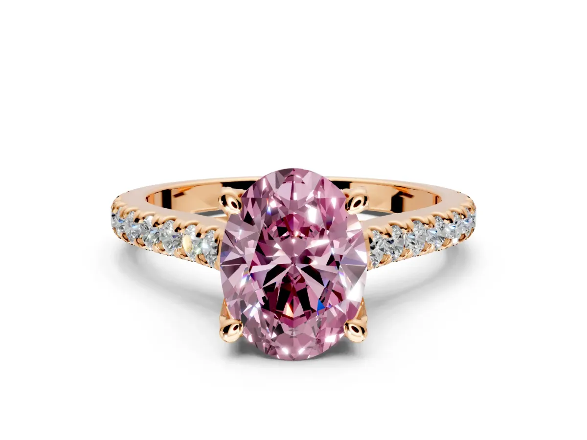 Solitaire Engagement Ring Setting for Fancy Pink Oval Center with Widening Pave Band and Claw Prong Head in Rose Gold