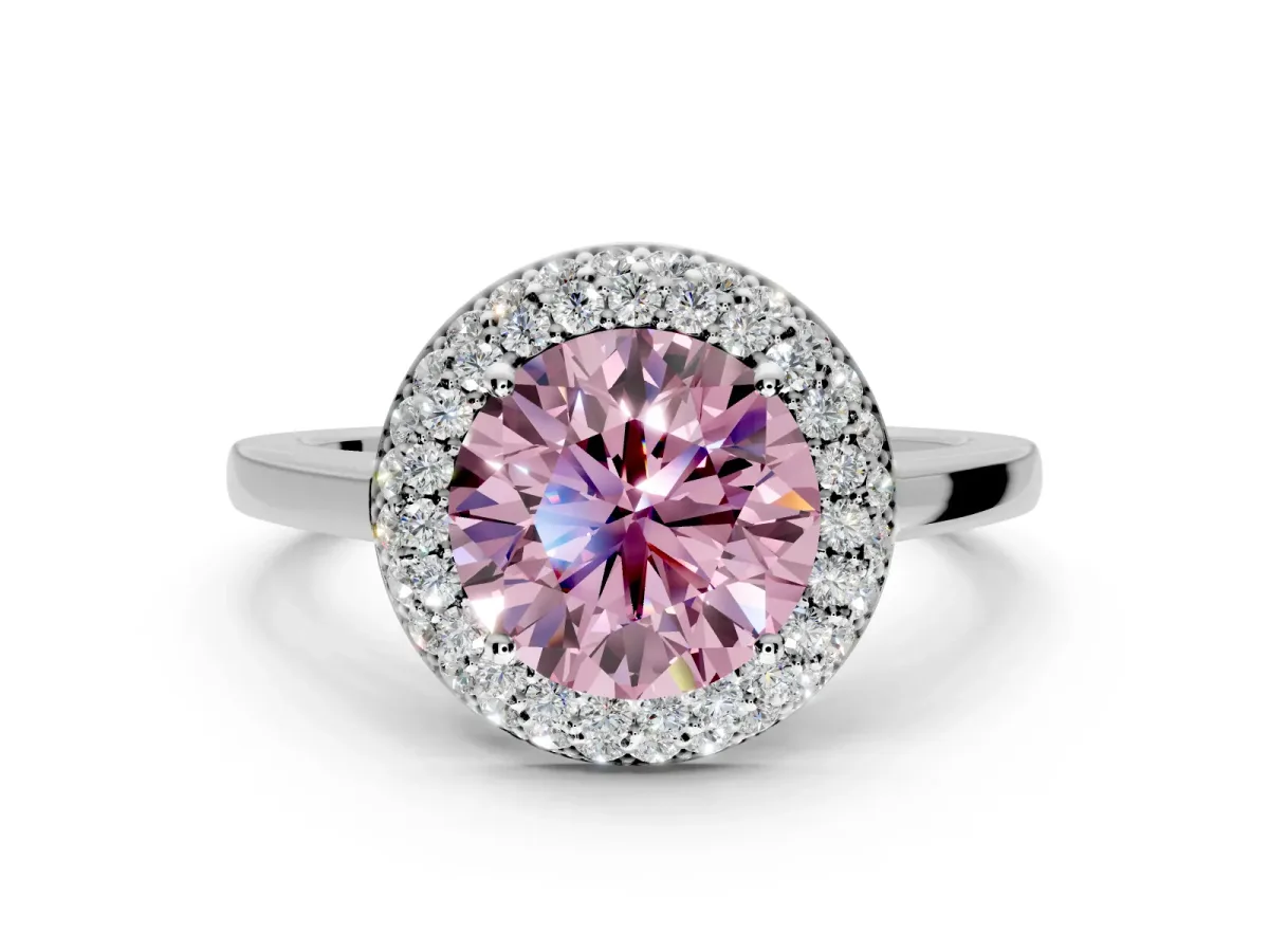 Halo Engagement Ring Setting for Fancy Pink Round Cut Center with Plain Tapered Band and Prong Head in Sterling Silver
