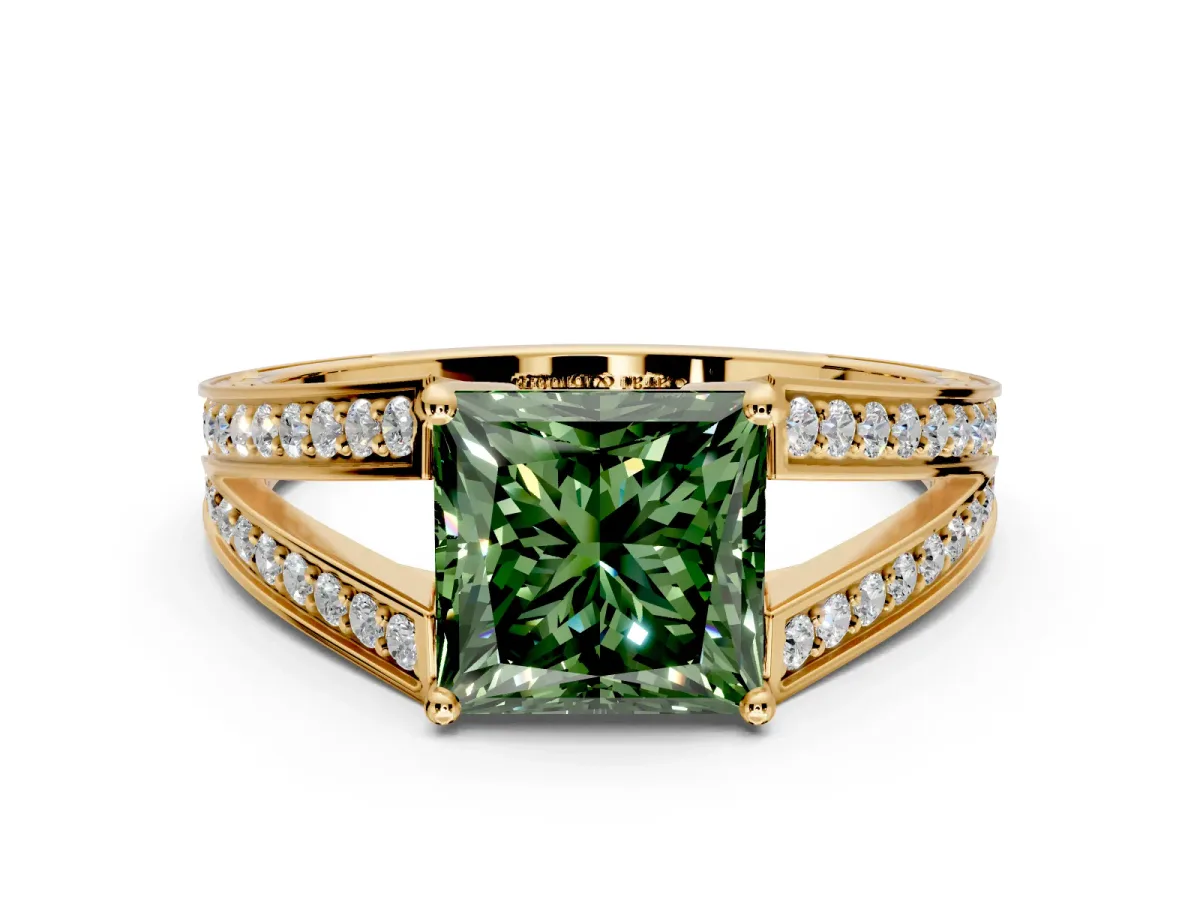 Split Shank Engagement Ring Setting for Fancy Green Princess Cut Center with Pave Split Shank and Prong Head in Yellow Gold