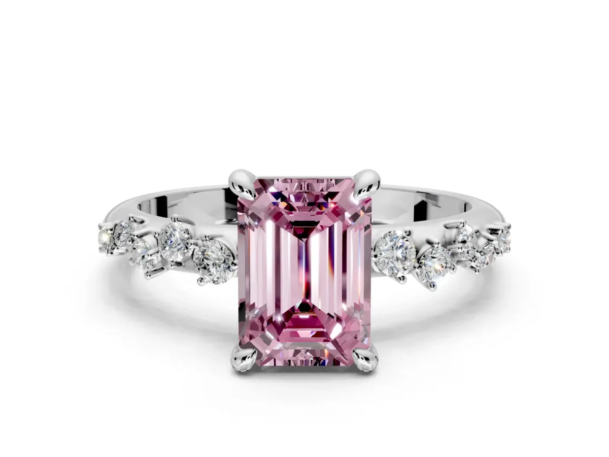 Solitaire Engagement Ring Setting for Fancy Pink Emerald Cut Center with Trailing Leaf Accent Band and Prong Head in White Gold
