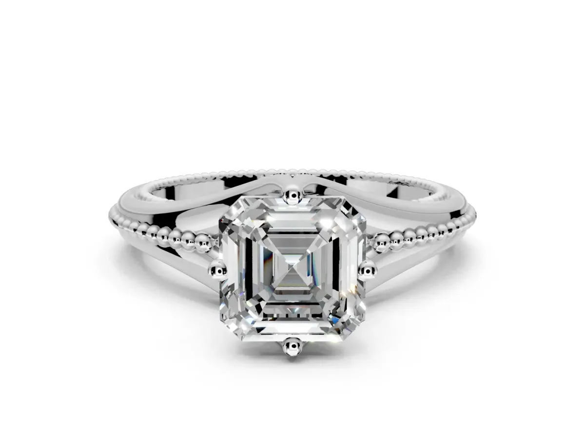Solitaire Engagement Ring Setting for Asscher Cut Center with Milgrain Cathedral Band and Prong Head in Sterling Silver