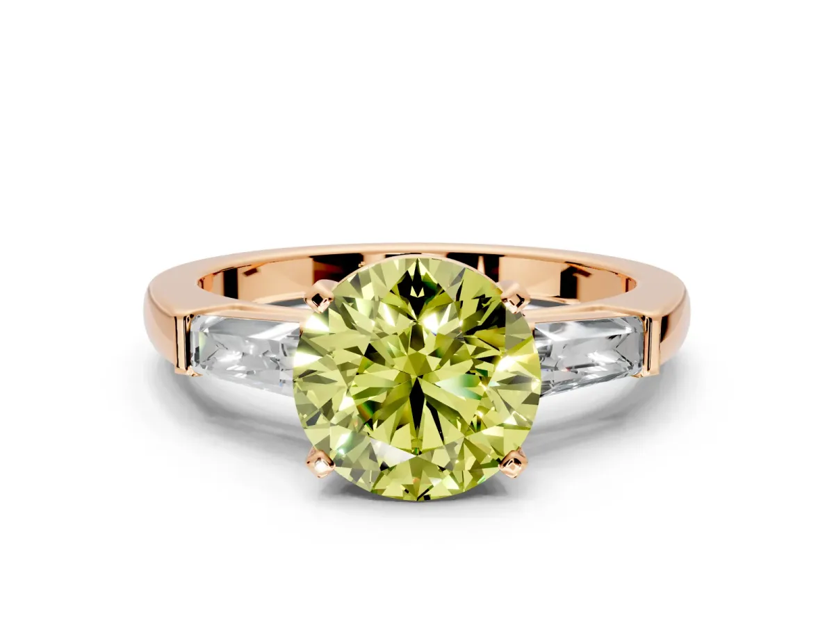 3 Stone Engagement Ring Setting for Fancy Yellow Round Cut Center with Tapered Baguettes, Plain Band and Prong Head in Rose Gold
