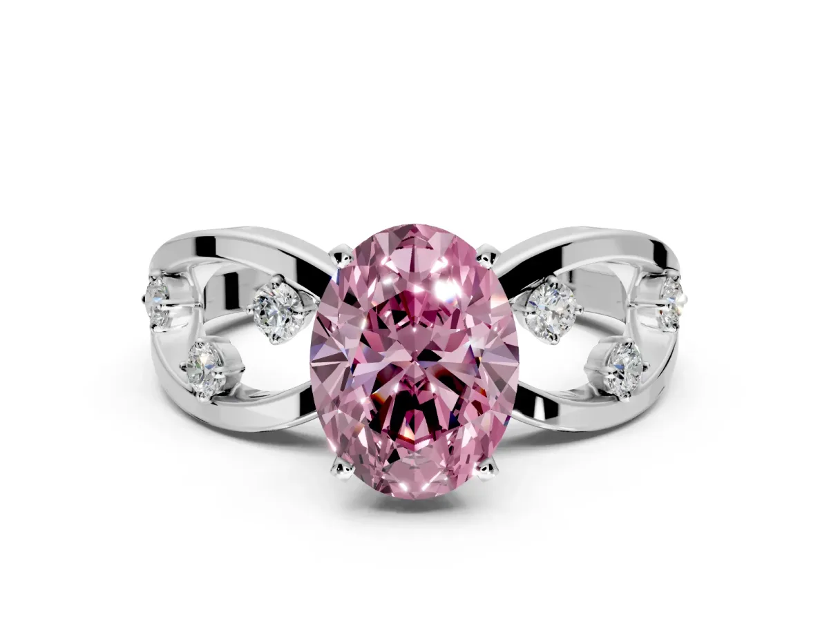 Solitaire Engagement Ring Setting for Fancy Pink Oval Center with Criss-Cross Accent Band and Prong Head in Sterling Silver