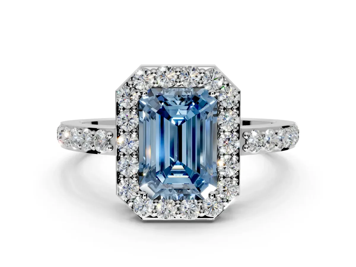 Halo Engagement Ring Setting for Fancy Blue Emerald Cut Center with Heart-Shaped Openwork, Pave Band and Prong Head in Sterling Silver