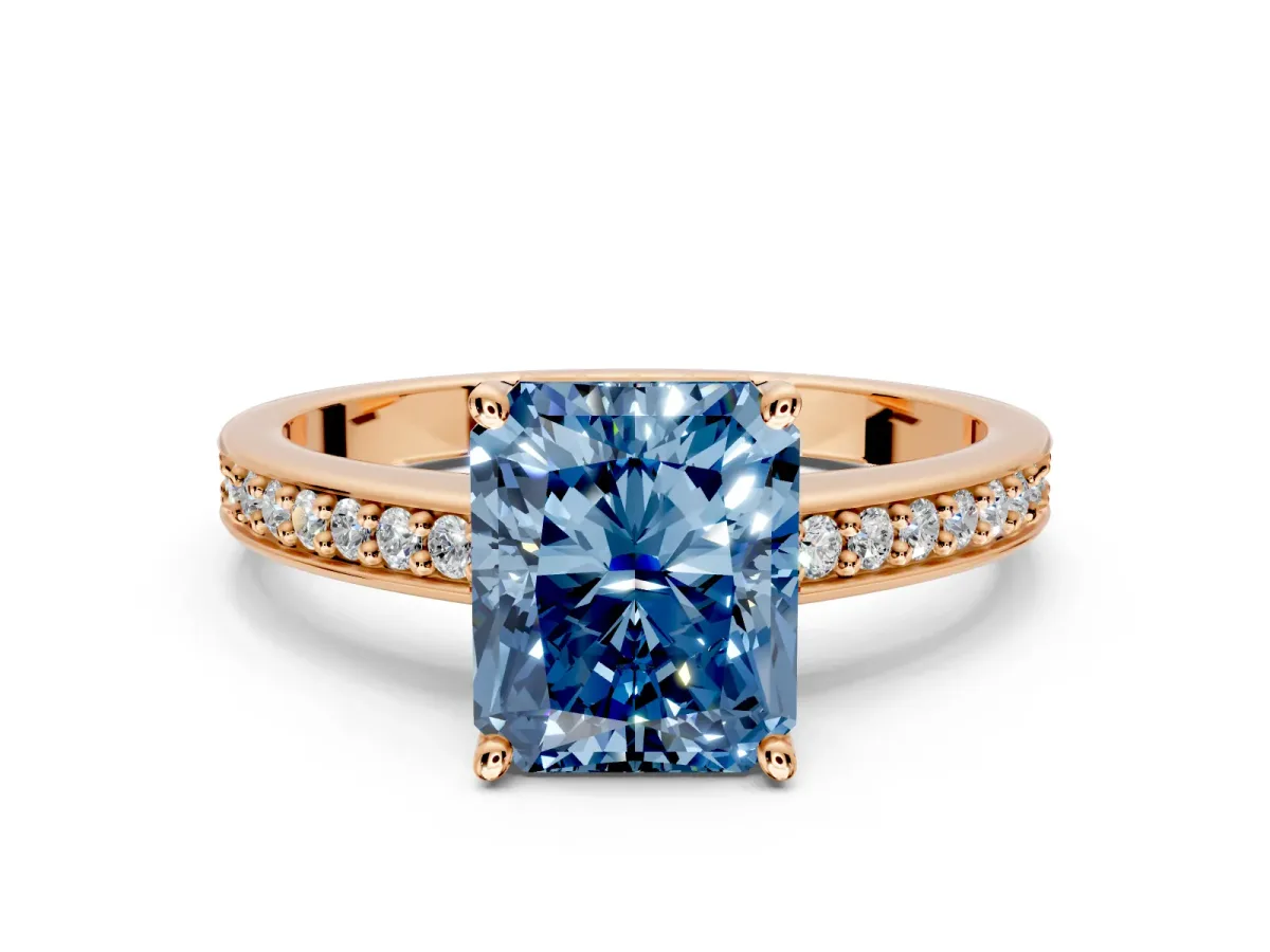 Solitaire Engagement Ring Setting for Fancy Blue Radiant Cut Center with Channel-Set Accent Band and Prong Head in Rose Gold
