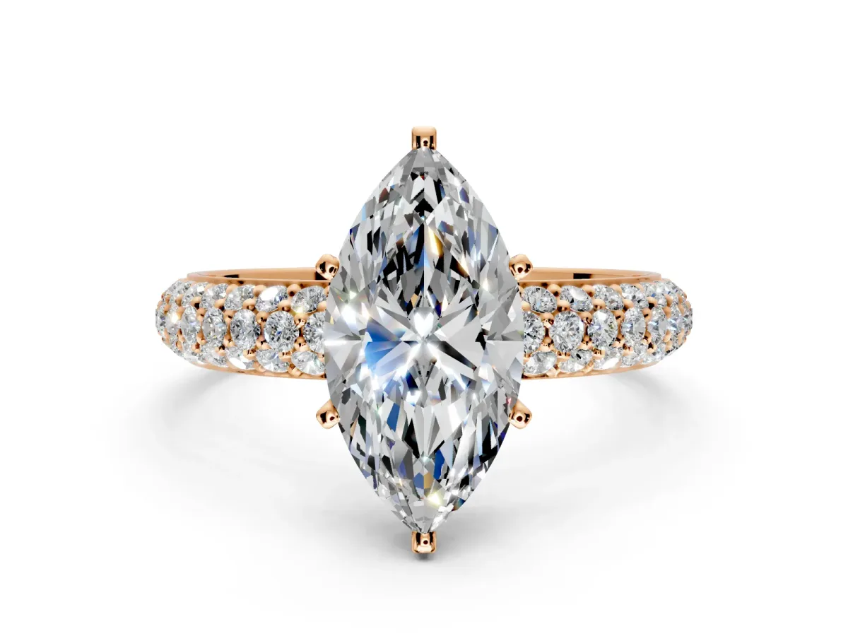 Solitaire Engagement Ring Setting for Marquise Center with Domed Multi-Row Pave Band and Prong Head in Rose Gold