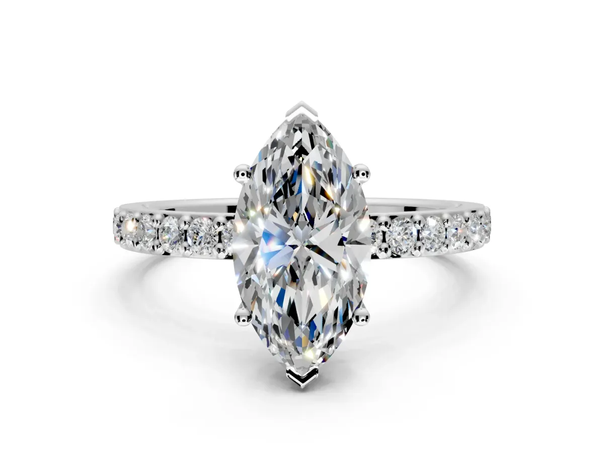Solitaire Engagement Ring Setting for Marquise Center with Round Cut Pave Band and Prong Head in Platinum