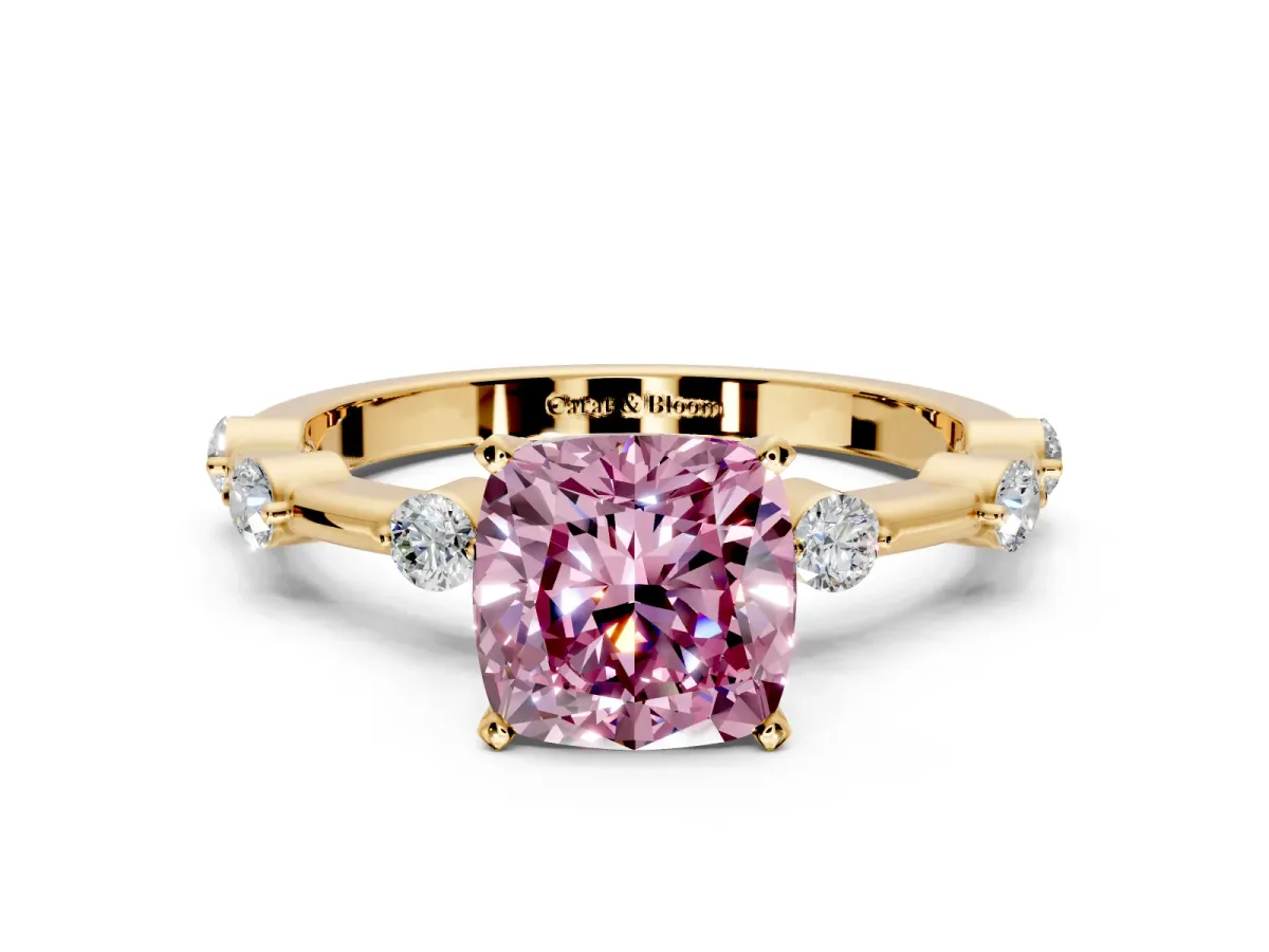 Solitaire Engagement Ring Setting for Fancy Pink Cushion Cut Center with Bezel Station Band and Prong Head in Yellow Gold