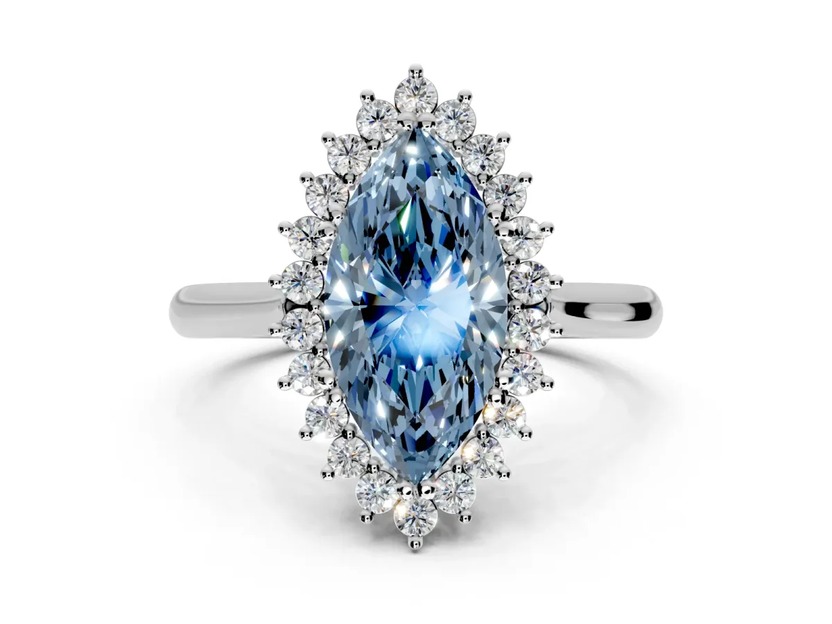 Starburst Halo Engagement Ring Setting for Fancy Blue Marquise Center with Thin Round-Wire Band and Prong Head in Platinum