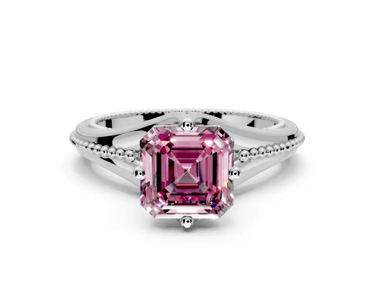 Solitaire Engagement Ring Setting for Fancy Pink Asscher Cut Center with Milgrain Cathedral Band and Prong Head in Sterling Silver