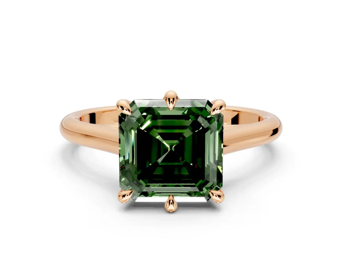 Solitaire Engagement Ring Setting for Fancy Green Asscher Cut Center with Cathedral Band and Prong Head in Rose Gold