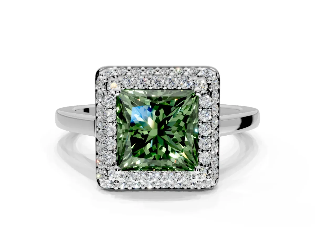 Halo Engagement Ring Setting for Fancy Green Princess Cut Center with Plain Tapered Band and Prong Head in Sterling Silver