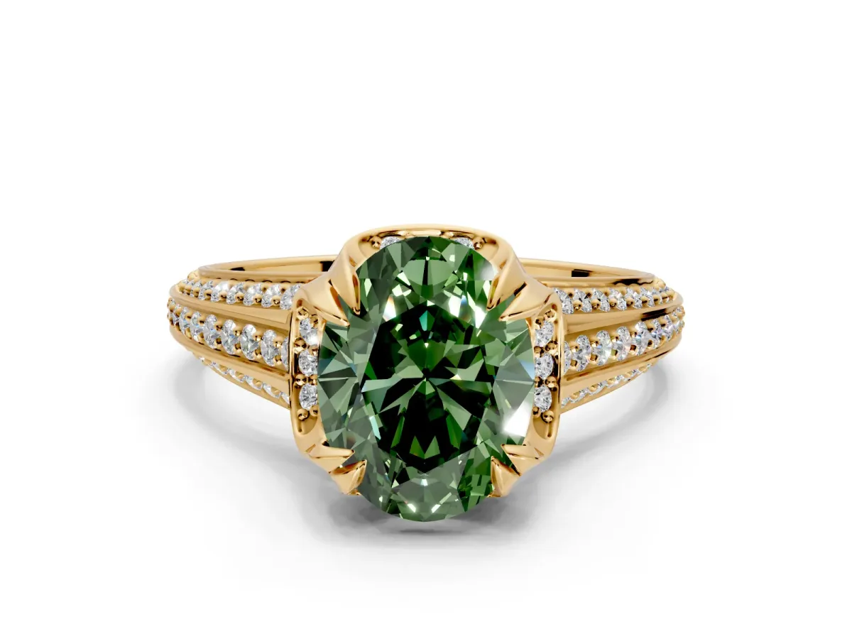 Solitaire Engagement Ring Setting for Fancy Green Oval Center with Accented Split Shank and Prong Head in Yellow Gold